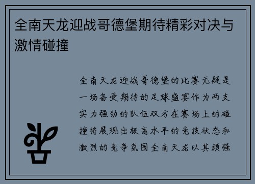 全南天龙迎战哥德堡期待精彩对决与激情碰撞