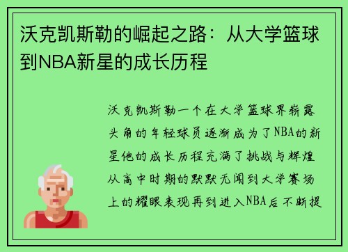沃克凯斯勒的崛起之路：从大学篮球到NBA新星的成长历程